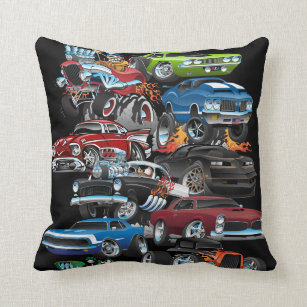 Car Madness! Muscle Cars and Hot Rods Cartoon Throw Pillow