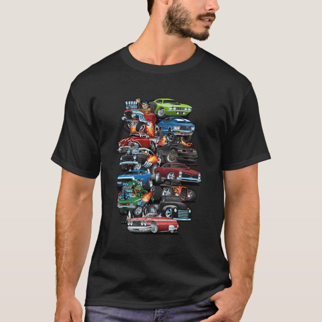 Car Madness Muscle Cars Cars And Hot Rods Cartoon T-Shirt (Front)