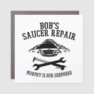 Car magnet with Bob's Saucer Repair  logo