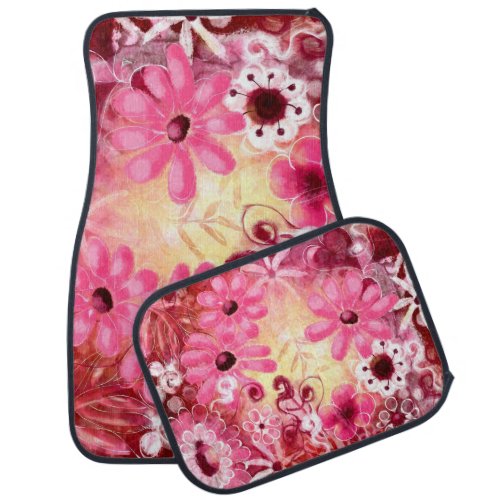 Car Mat Set 4pc Whimsical Floral Abstract Pink Red