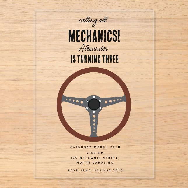Car Mechanic Automotive Tools Boy Birthday Party Acrylic Invitations (Front)