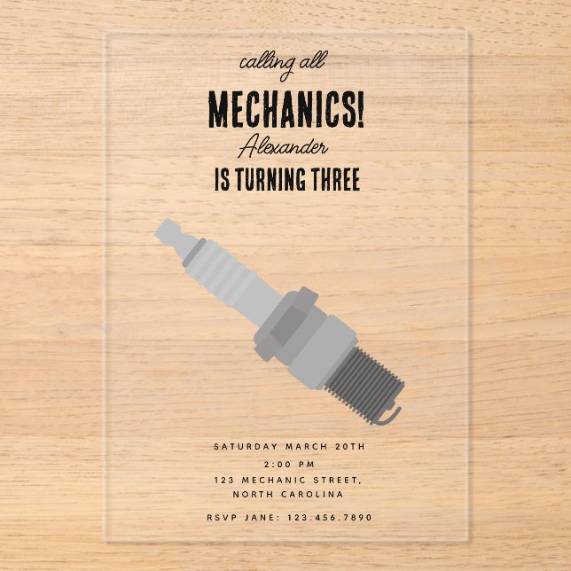 Car Mechanic Automotive Tools Boy Birthday Party Acrylic Invitations (Front)