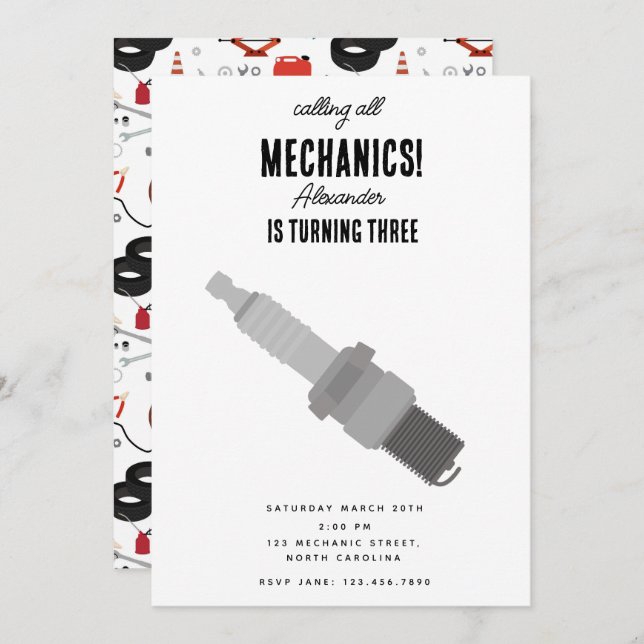 Car Mechanic Automotive Tools Boy Birthday Party Invitation (Front/Back)