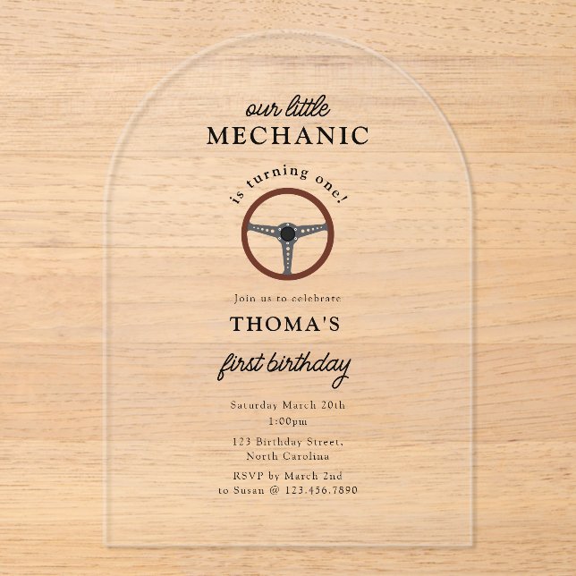 Car Mechanic Automotive Tools Boy Kids Birthday Acrylic Invitations (Front)