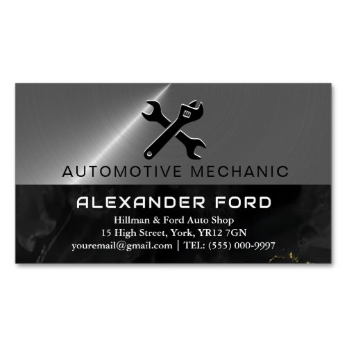 car mechanic garage Metallic silver shiny steel Business Card Magnet