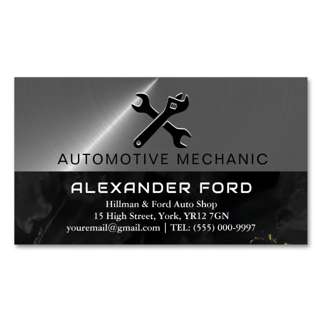 car mechanic garage Metallic silver shiny steel Business Card Magnet (Front)