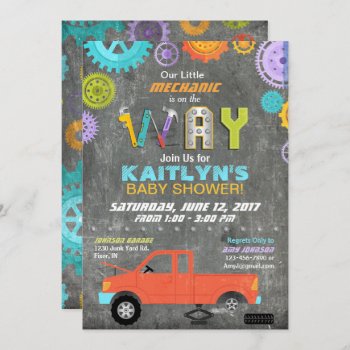 Car Mechanic Gears Tools Chalkboard Baby Shower Invitation by NouDesigns at Zazzle