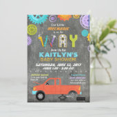 Car Mechanic Gears Tools Chalkboard Baby Shower Invitation (Standing Front)