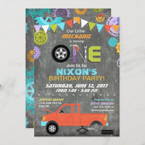 Car Mechanic Gears Tools Chalkboard Birthday Invitation