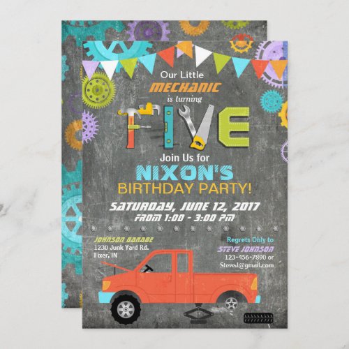 Car Mechanic Gears Tools Chalkboard Birthday Invitation