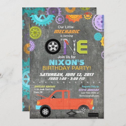 Car Mechanic Gears Tools Chalkboard Birthday Invitation