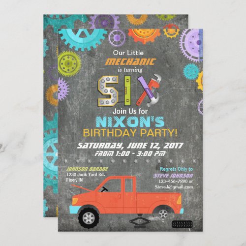 Car Mechanic Gears Tools Chalkboard Birthday Invitation