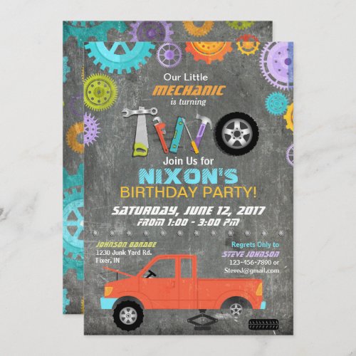 Car Mechanic Gears Tools Chalkboard Birthday Invitation