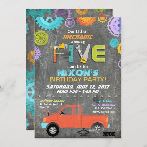 Car Mechanic Gears Tools Chalkboard Birthday Invitation