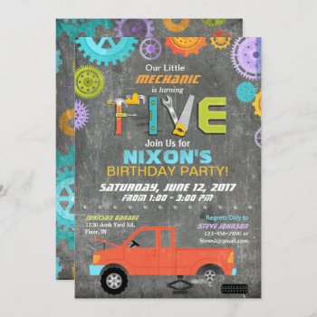 Car Mechanic Gears Tools Chalkboard Birthday Invitation by NouDesigns at Zazzle