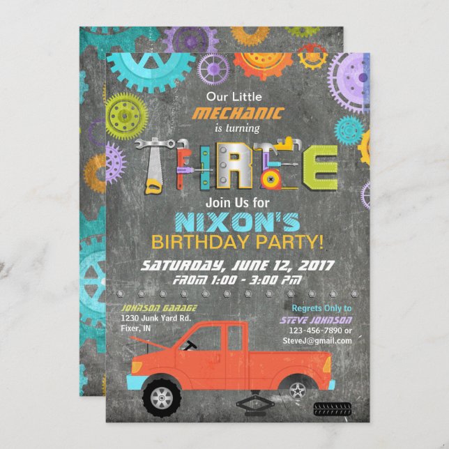 Car Mechanic Gears Tools Chalkboard Birthday Invitation (Front/Back)