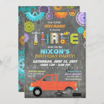 Car Mechanic Gears Tools Chalkboard Birthday Invitation by NouDesigns at Zazzle