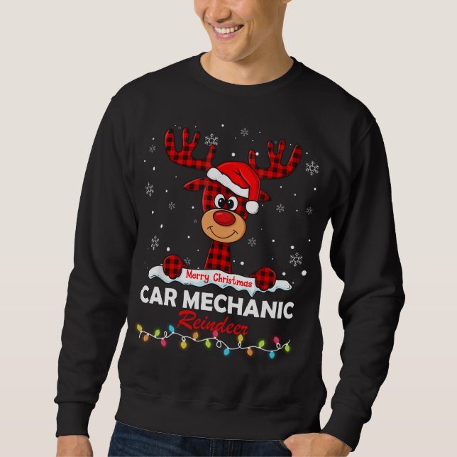 Car Mechanic Reindeer Santa Hat Buffalo Plaid Chri Sweatshirt (Front)