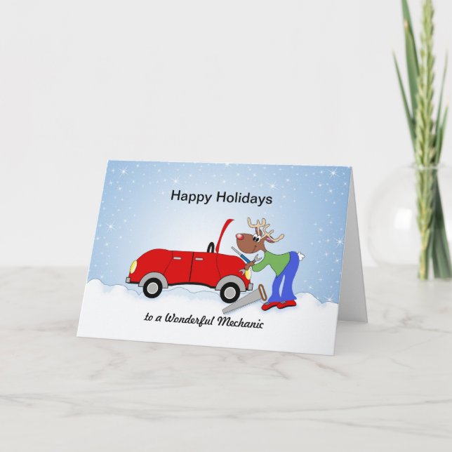 Car Mechanice Reindeer Fixing Red Car Holiday Card (Front)