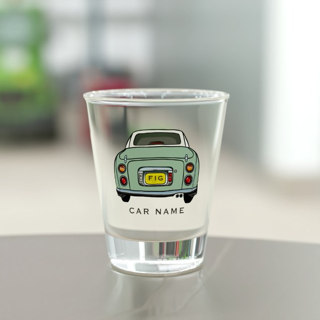Car Name Green Figaro Figarations Shot Glass (A fun figgy shot glass with space for your car name )