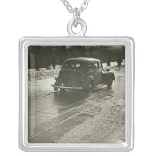 Car on road silver plated necklace