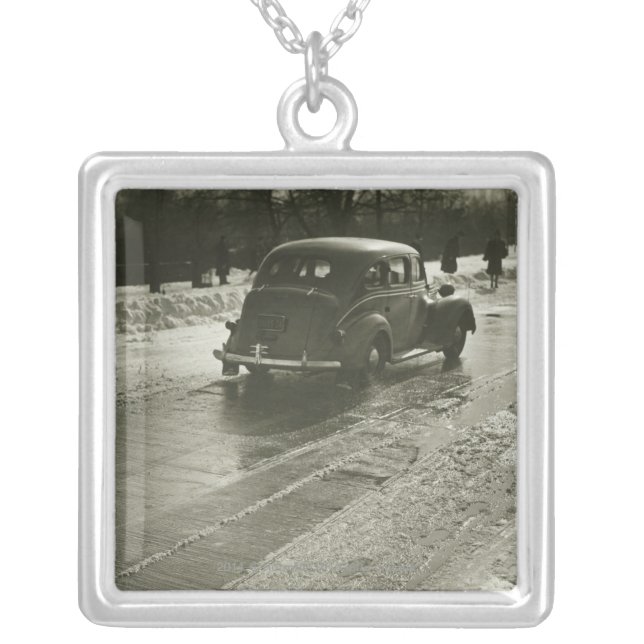 Car on road silver plated necklace (Front)