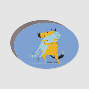 Car Oval Magnet with Dog and Cat Hugging