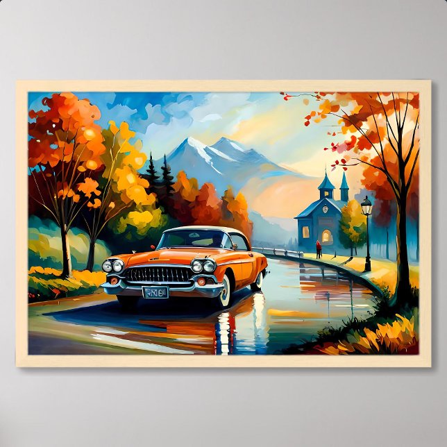 car painting classic moving country road sunny day poster (car painting classic moving country road sunny day)