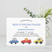 Car Parade Blue Cute Safari Animals Birthday Invitation (Standing Front)