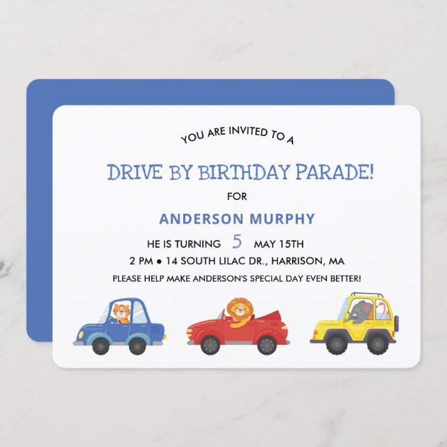 Car Parade Blue Cute Safari Animals Birthday Invitation (Front/Back)