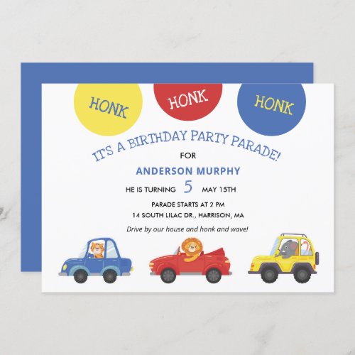 Car Parade Cute Boys Safari Animals Birthday Invitation