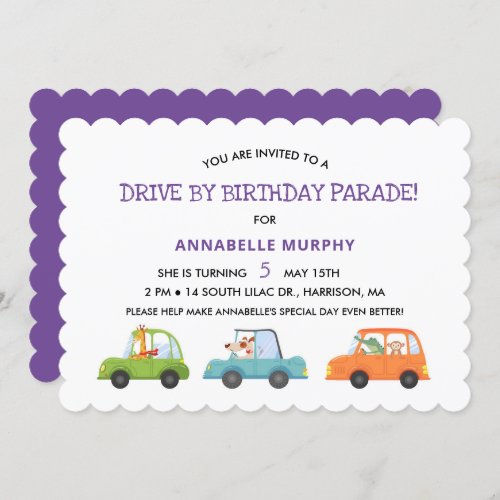 Car Parade Purple Cute Safari Animals Birthday Invitation