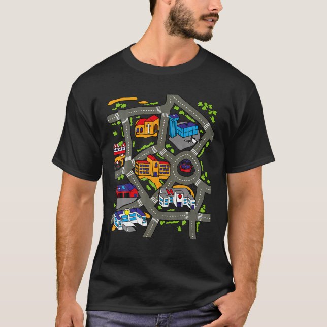 Car Play Mat Race Track Road Map Rug Design Illust T-Shirt (Front)