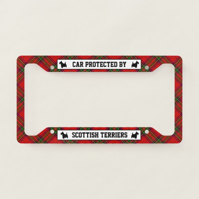 Car Protected By Scottish Terriers License Plate Frame (Front)