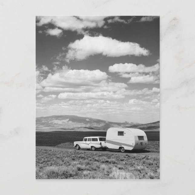 Car pulling trailer on road postcard (Front)