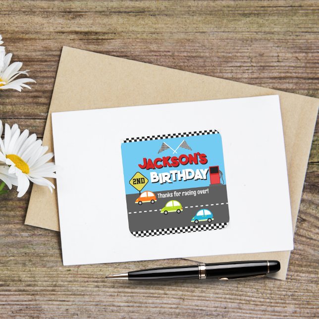 Car Race Boy Birthday Thank You Square Sticker (Creator Uploaded)