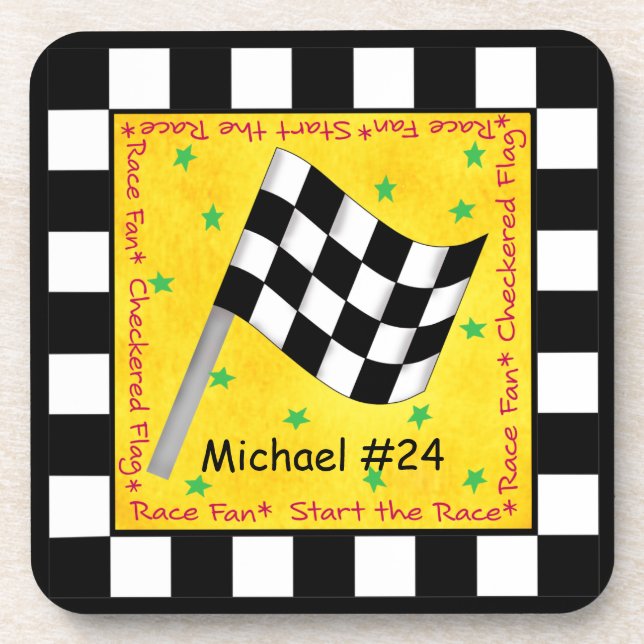 Car Race Fan Checkered Flag Name Personalized Coaster (Front)