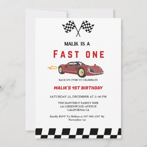Car race Fast One  Boy First Birthday Party  Invitation