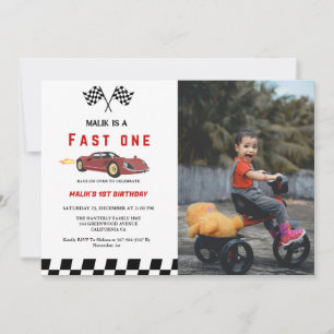 Car race Fast One  Boy First Birthday Party  Invitation