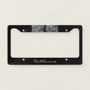 Car Race Stripe Silver Glitter Girly Personalized License Plate Frame