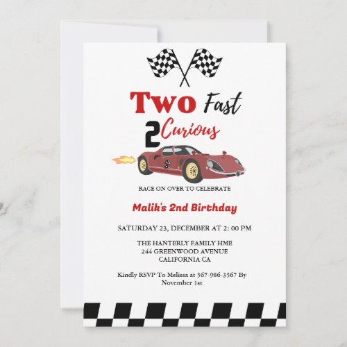 Car race Two fast 2 curious boy 2nd birthday Party Invitation