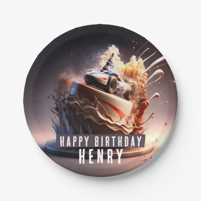Car Racing Birthday  Cake -  Paper Plates (Front)