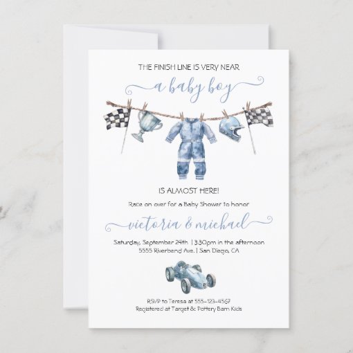 Car Racing Boy Clothesline Baby Shower Invitation | Zazzle