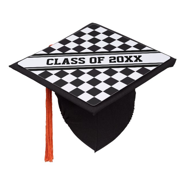 Car Racing / Chess Pattern + your backgr. & ideas Graduation Cap Topper (Angled)