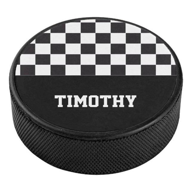Car Racing / Chess Pattern + your backgr. & name Hockey Puck (3/4)