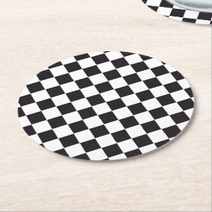 Car Racing / Chess Pattern + your backgr. & text Round Paper Coaster