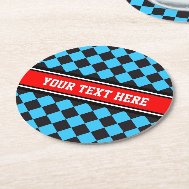 Car Racing / Chess Pattern + your backgr. & text Round Paper Coaster (Angled)