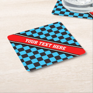 Car Racing / Chess Pattern + your backgr. & text Square Paper Coaster