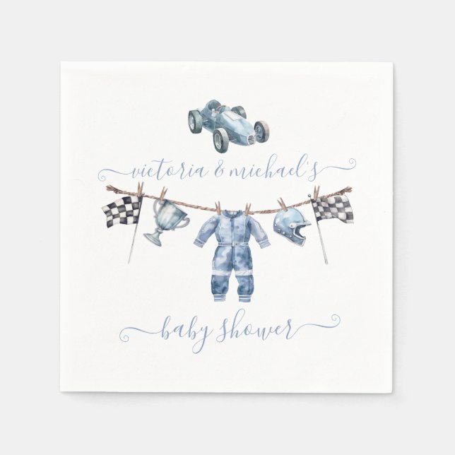 Car Racing Clothesline Boy Baby Shower Napkins (Front)