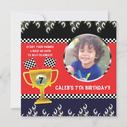 Car Racing Trophy Birthday Party Photo Invitations